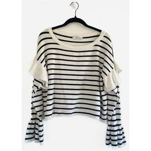 Zara Ruffle Sweater Sz Small Blue White Stripe Long Sleeve Knit Pullover Stretch